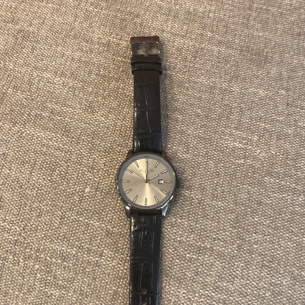 Mens Kenneth Cole Watch - Silver face with black leather strap
